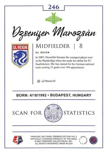 2021 Parkside NWSL Dzsenifer Marozsan soccer card with original gloss in volume 2 series