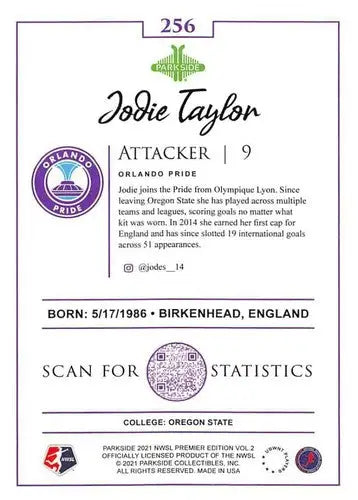 Original gloss Jodie Taylor soccer card from 2021 Parkside NWSL Volume 2 series