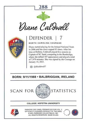 2021 Parkside NWSL Volume 2 Diane Caldwell soccer card front view