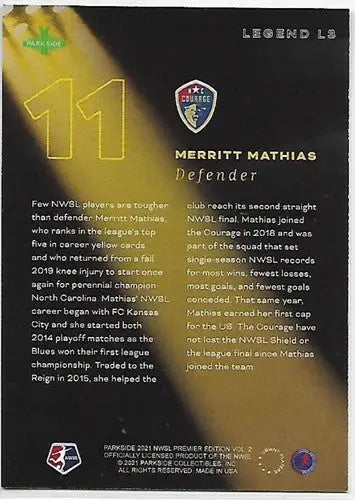 Merritt Mathias soccer card from 2021 Parkside NWSL Legend Black White series