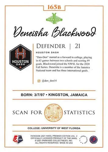 Original gloss Deneisha Blackwood soccer card from Parkside NWSL series 1 variation