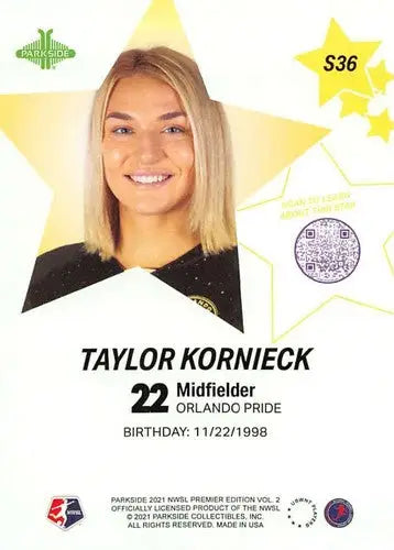 2021 Parkside NWSL Volume 2 Stars Taylor Kornieck soccer card with original gloss