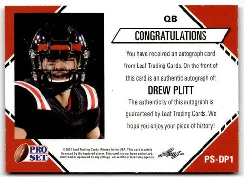 2021 Pro Set College Football Blaster Autographs Gold #PS-DP1 Drew Plit ID:41972 - Football Card Single