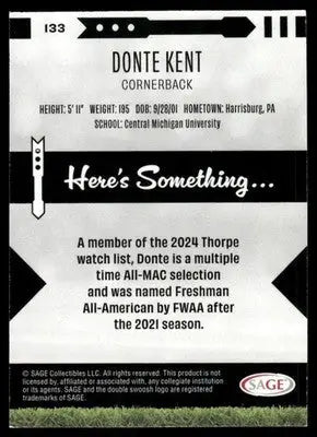 2021 SAGE Donte Kent #133 Football - Football Card Single