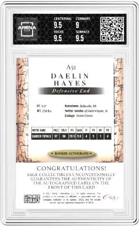 2021 SAGE Hit PD HS Daelin Hayes #A51 Rookie Auto Football AC 9.5/10 - Football Card Single