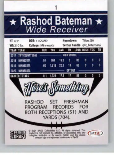 Rashod Bateman football card in original gloss, 2021 SAGE Hit Premier Draft NM condition