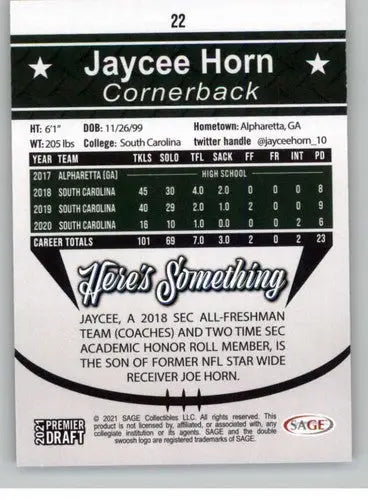 Original gloss Jaycee Horn football card from Sage Hit Premier Draft simply Sandoval