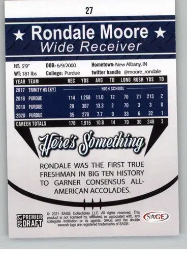 2021 SAGE Hit Premier Draft #27 Rondale Moore NM-MT ID:35415 - Football Card Single