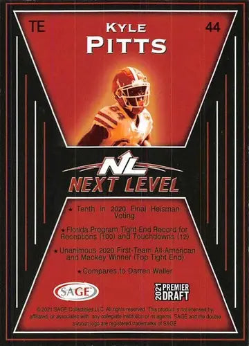 2021 SAGE Hit Premier Draft #44 Kyle Pitts NM-MT Next Level - Football Card Single