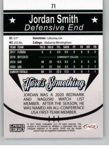 2021 SAGE Hit Premier Draft #71 Jordan Smith NM-MT ID:35454 - Football Card Single