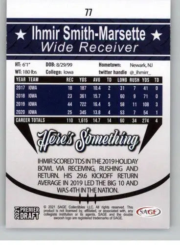 2021 SAGE Hit Premier Draft #77 Ihmir Smith-Marsette NM-MT ID:35461 - Football Card Single