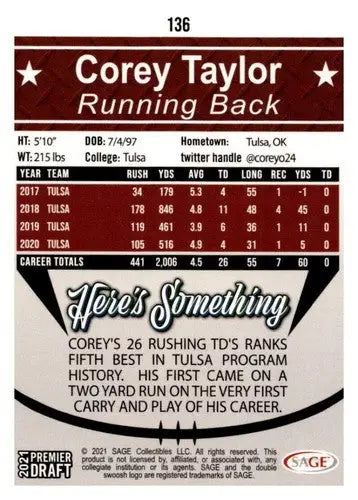2021 SAGE Hit Premier Draft Red #136 Corey Taylor NM Near Mint - Other