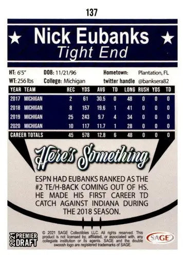 2021 SAGE Hit Premier Draft Red #137 Nick Eubanks Near Mint or Better ID:39871 - Football Card Single