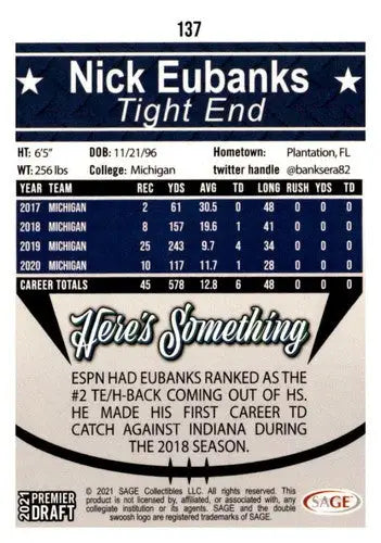 2021 SAGE Hit Premier Draft Red #137 Nick Eubanks NM Near Mint - Football Card Single