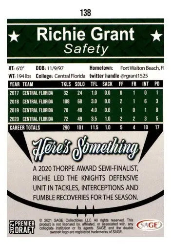 2021 SAGE Hit Premier Draft Red #138 Richie Grant EX/NM - Football Card Single