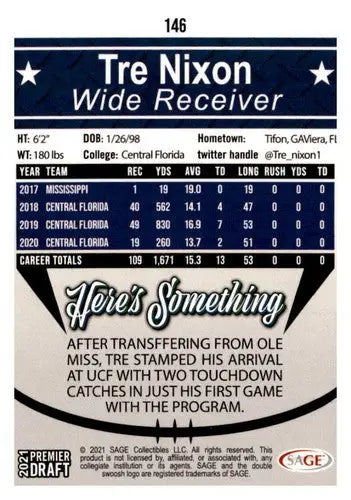 2021 SAGE Hit Premier Draft Red #146 Tre Nixon NM-MT - Football Card Single