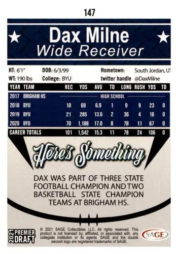 2021 SAGE Hit Premier Draft Red #147 Dax Milne NM-MT - Football Card Single