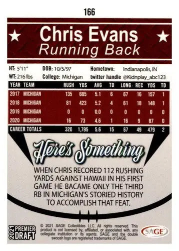 2021 SAGE Hit Premier Draft Red #166 Chris Evans NM Near Mint - Football Card Single
