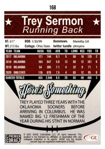 2021 SAGE Hit Premier Draft Red #168 Trey Sermon NM Near Mint - Football Card Single