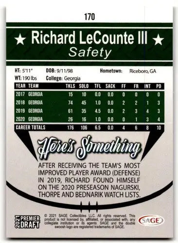 2021 Sage Hit Premier Draft Richard LeCounte III football card with original gloss featuring Simply Sandoval sports cards