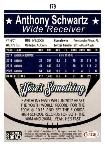 2021 SAGE Hit Premier Draft Red #179 Anthony Schwartz NM-MT ID:39872 - Football Card Single