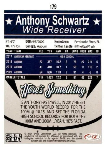 2021 SAGE Hit Premier Draft Red #179 Anthony Schwartz NM Near Mint ID:39873 - Football Card Single