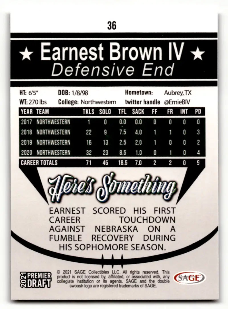 2021 SAGE Hit Premier Draft Red #36 Earnest Brown IV NM Near Mint ID:46781 - Football Card Single