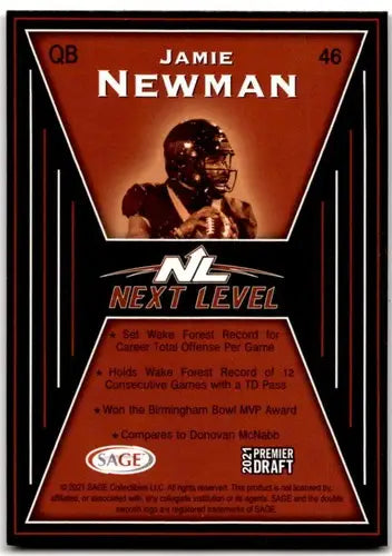 Jamie Newman football card from 2021 SAGE Hit Premier Draft Red collection