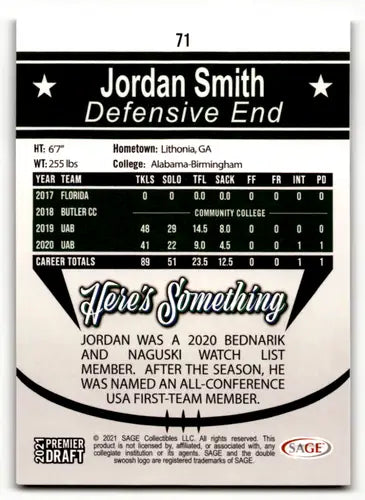2021 SAGE Hit Premier Draft Red #71 Jordan Smith EX/NM ID:46780 - Football Card Single