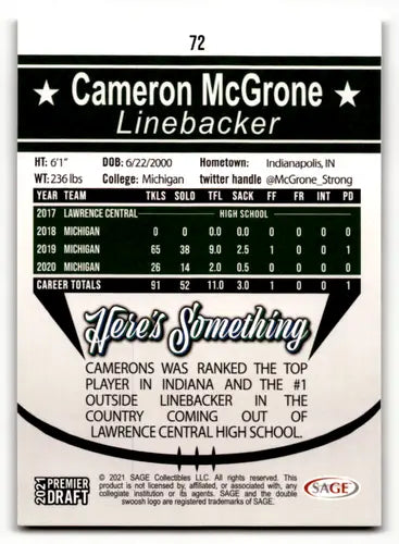 2021 SAGE Hit Premier Draft Red #72 Cameron McGrone NM-MT ID:46773 - Football Card Single