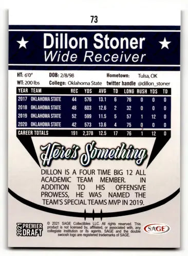 2021 SAGE Hit Premier Draft Red #73 Dillon Stoner NM Near Mint ID:46774 - Football Card Single