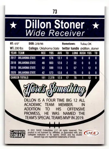 2021 SAGE Hit Premier Draft Red Dillon Stoner football card near mint condición