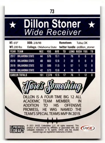 2021 SAGE Hit Premier Draft Red #73 Dillon Stoner NM Near Mint ID:46775 - Football Card Single