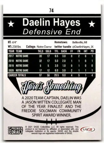 2021 SAGE Hit Premier Draft Red #74 Daelin Hayes NM-MT ID:43005 - Football Card Single