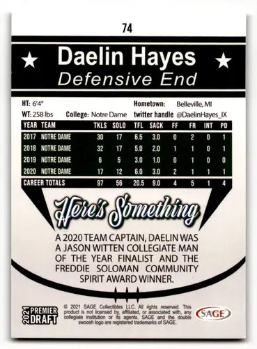 2021 SAGE Hit Premier Draft Red #74 Daelin Hayes NM Near Mint ID:61819 - Football Card Single