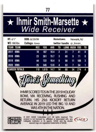 Sage Hit Premier Draft Red card of Ihmir Smith-Marsette from 2021 SAGE Hit Premier draft