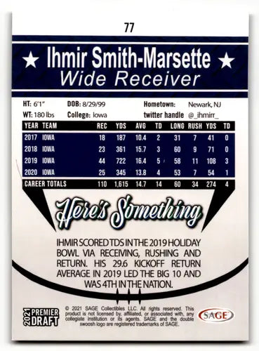 Ihmir Smith-Marsette football card from 2021 SAGE Hit Premier Draft Red series