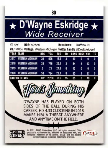 2021 SAGE Hit Premier Draft Red #80 D’Wayne Eskridge NM Near Mint ID:46778 - Football Card Single
