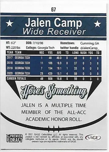 Jalen Camp football card from 2021 SAGE Hit Premier Draft Silver collection