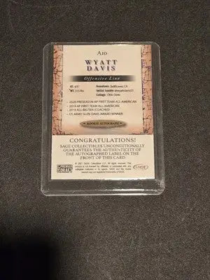 2021 SAGE Premier Draft #A10 Wyatt Davis Autographs Red - Football Card Single