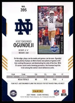 2021 Score Base Adetokunbo Ogundeji RC Notre Dame Fighting Irish 395 - Football Card Single