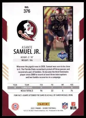 2021 Score Base Asante Samuel Jr. RC Florida State Seminoles 376 - Football Card Single