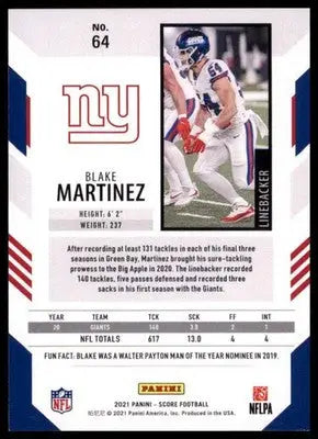 2021 Score Base Blake Martinez New York Giants 64 - Football Card Single