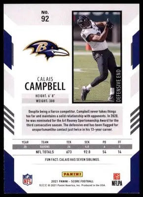 2021 Score Base Calais Campbell Baltimore Ravens 92 - Football Card Single