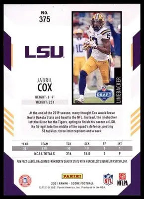 2021 Score Base Jabril Cox RC LSU Tigers 375 - Football Card Single