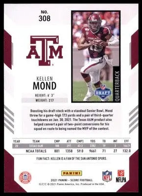 2021 Score Base Kellen Mond RC Texas A&M Aggies 308 - Football Card Single