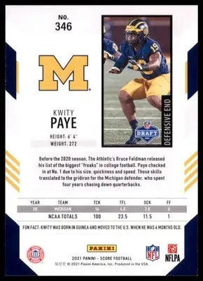 2021 Score Base Kwity Paye RC Michigan Wolverines 346 - Football Card Single