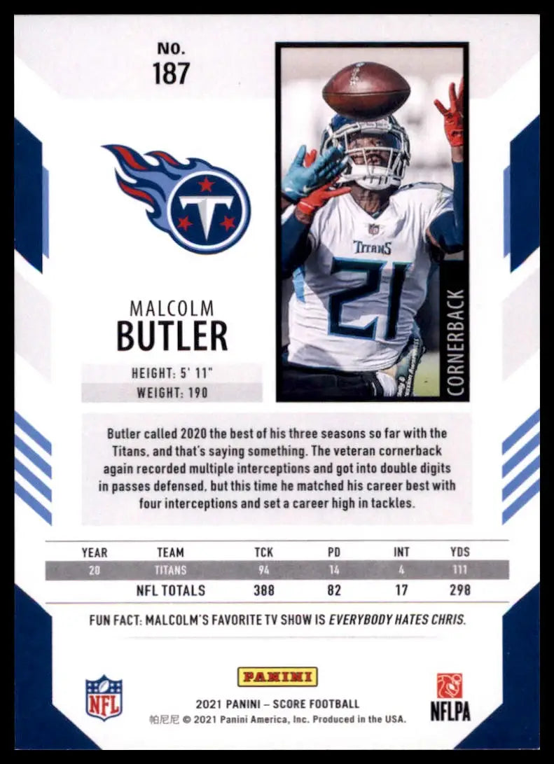 2021 Score Base Malcolm Butler Tennessee Titans 187 - Football Card Single