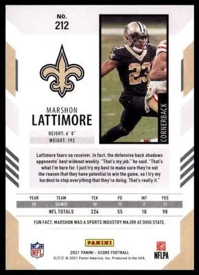 2021 Score Base Marshon Lattimore New Orleans Saints 212 - Football Card Single