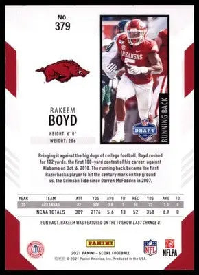 2021 Score Base Rakeem Boyd RC Arkansas Razorbacks 379 - Football Card Single